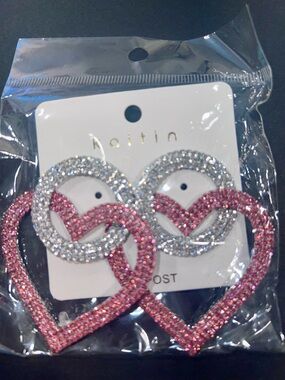Pink & Silver Crystal Heart Drop Earrings